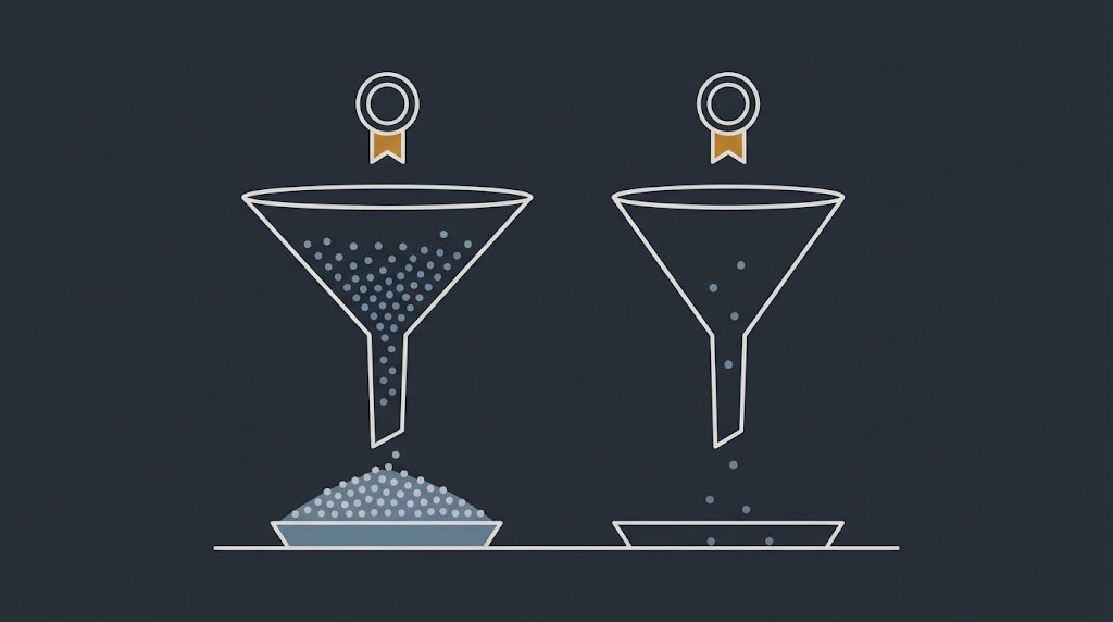 Two funnels, one wide and one narrow, under one badge: a trading award entry fee multiplies traffic, it never creates it